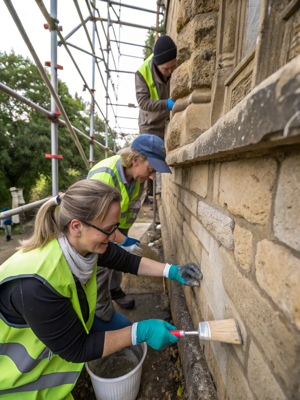 A photograph depicting ASREB volunteers and experts working on the structural repairs of the Church of Briols, showcasing the hands-on approach to restoration.