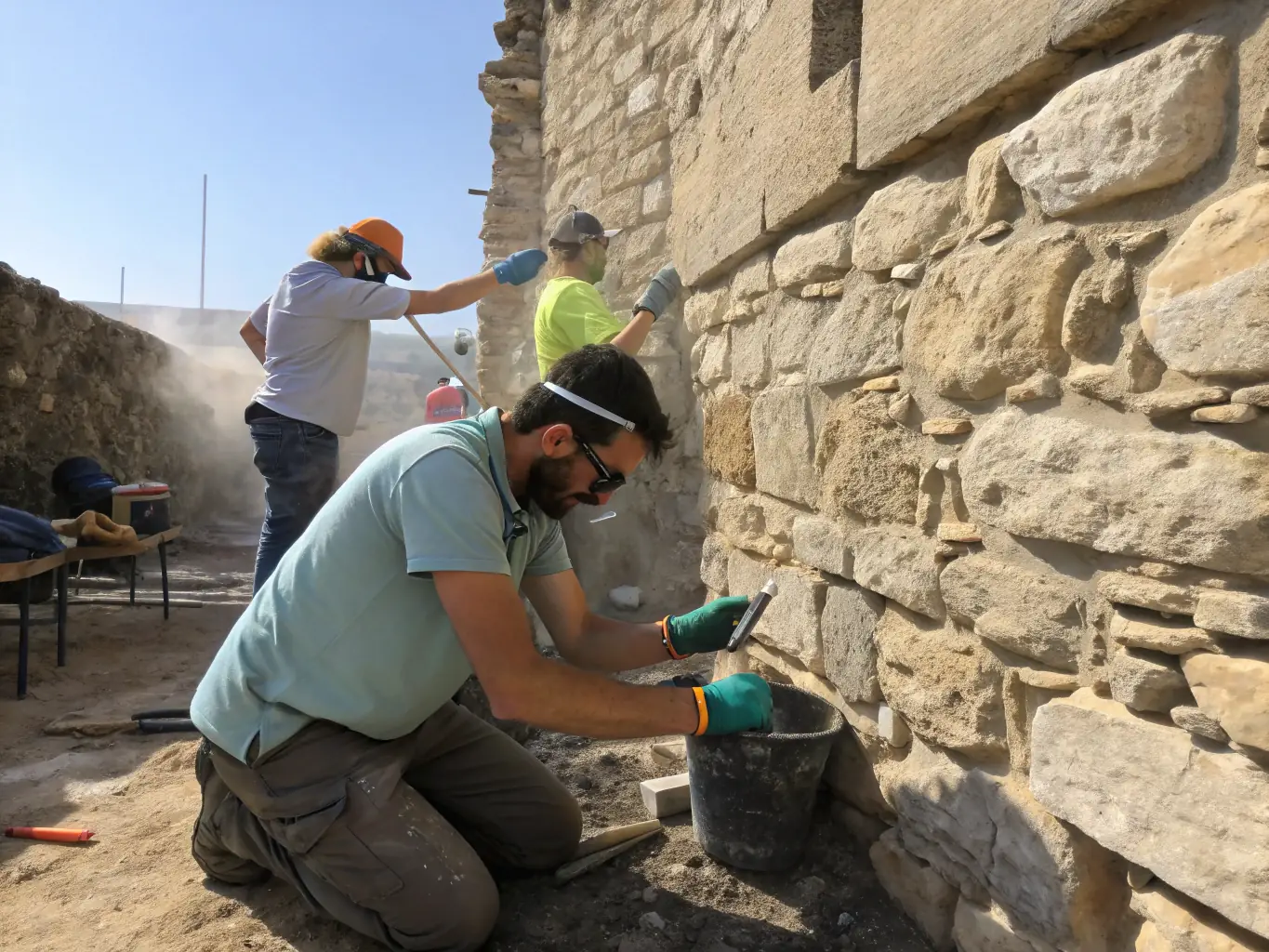 An image of preservation specialists working on the church's facade, with scaffolding and restoration tools visible.