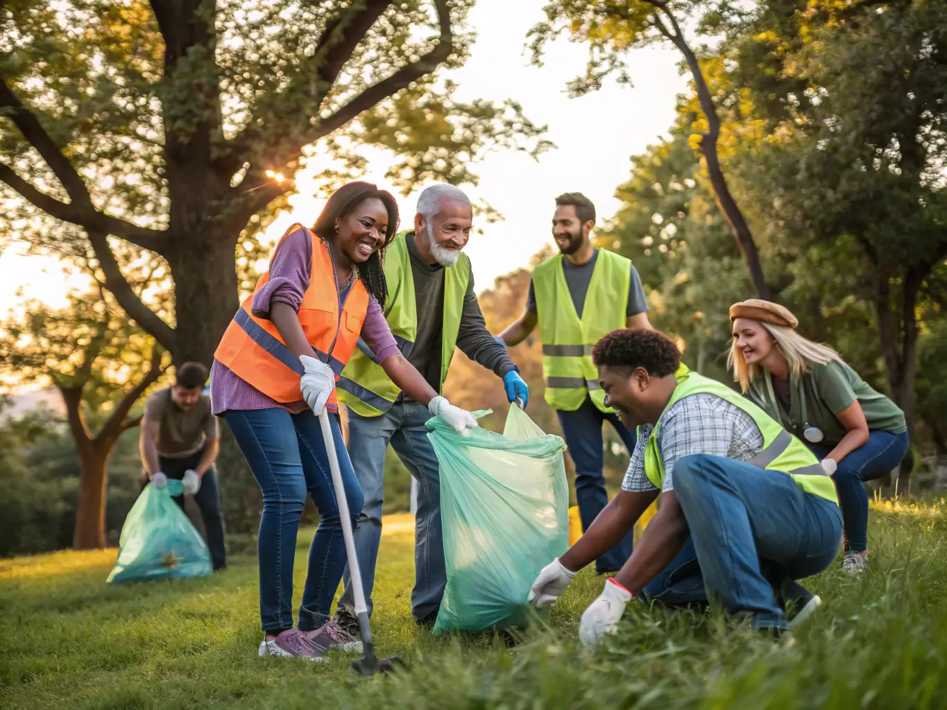 A photograph showcasing volunteers participating in a community cleanup event around the Church of Briols, emphasizing community engagement.
